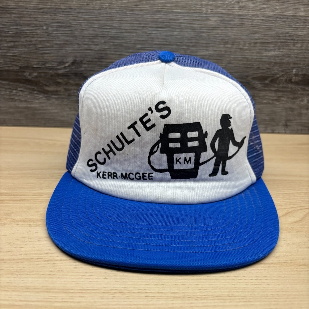 Vintage Kerr-McGee Hat Cap Snap Back Blue White Schulte's Gas Station Oil 80s KM